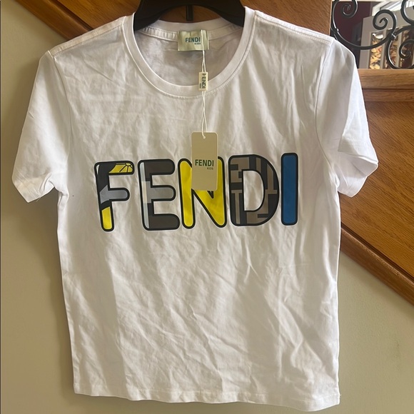 Fendi Kids White T-Shirt with Multicolor Logo New With Tag - Picture 1 of 4